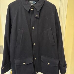Ralph Lauren Navy Wool Field Coat - XL - Leather Trim & Antiqued Buttons - EUC